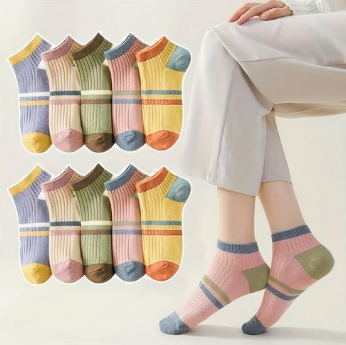 Korean Pastel Stripe Ankle Socks – 10-Pair Set