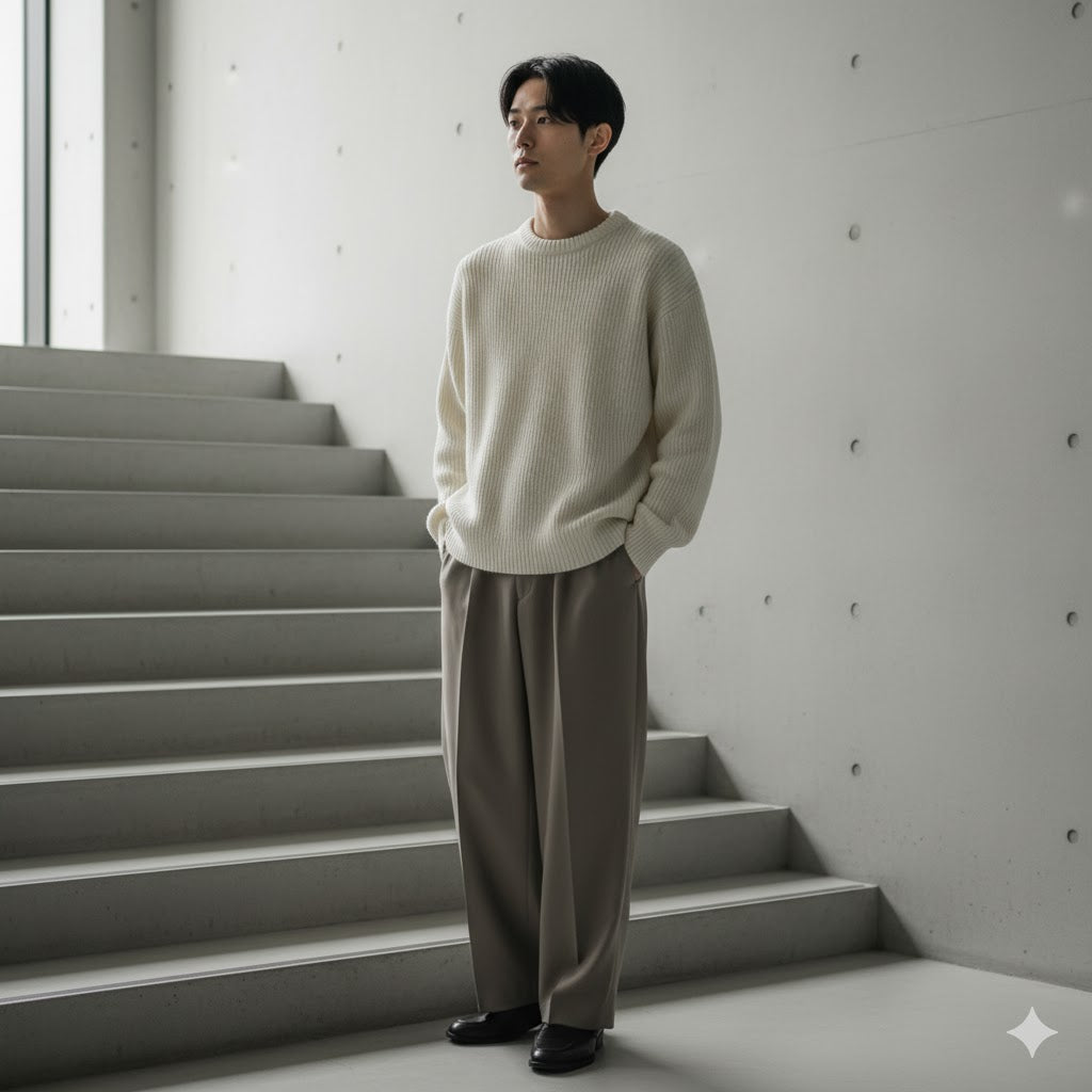 Japanese minimal classic outfits in soft neutral tones.