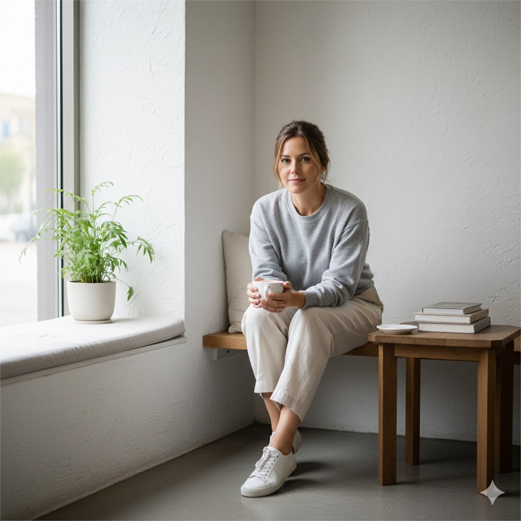 US modern casual looks in cream, grey, and black.